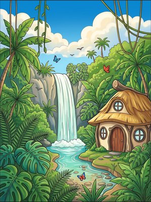 Finished example of the Color by Number page: Tropical Jungle Falls
