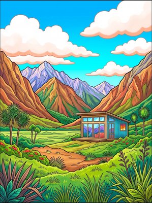 Finished example of the Color by Number page: Southern Alps Nature Retreat
