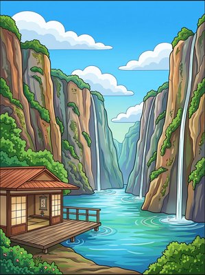Finished example of the Color by Number page: Fjord Zen Retreat