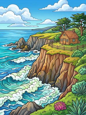 Finished example of the Color by Number page: Coastal Cliff Cabin