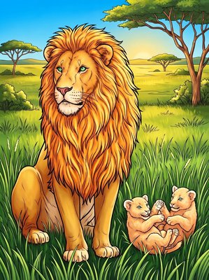 Finished example of the Color by Number page: Savanna Lion