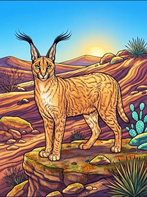 Finished example of the Color by Number page: Tufted Caracal