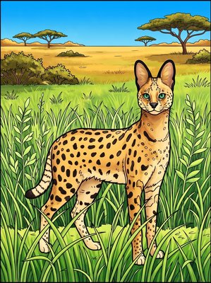 Finished example of the Color by Number page: Tall Serval
