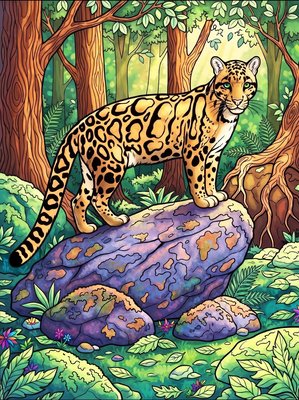 Finished example of the Color by Number page: Clouded Leopard