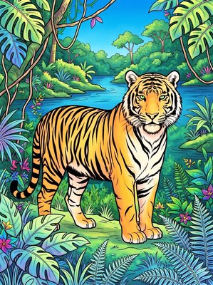 Finished example of the Color by Number page: Jungle Tiger