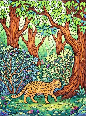 Finished example of the Color by Number page: Rusty Spotted Cat