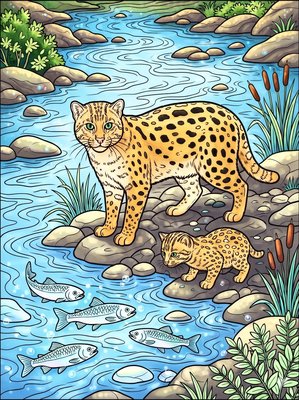 Finished example of the Color by Number page: Fishing Cat