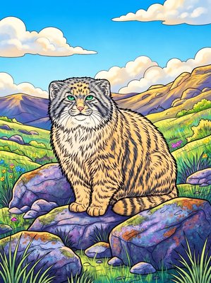 Finished example of the Color by Number page: Pallas Cat