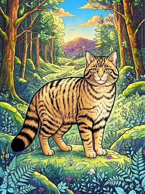 Finished example of the Color by Number page: Scottish Wildcat