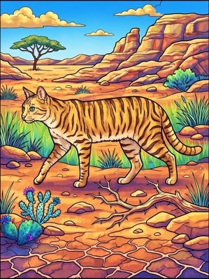 Finished example of the Color by Number page: African Wildcat