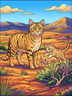 Finished example of the Color by Number page: Asiatic Wildcat