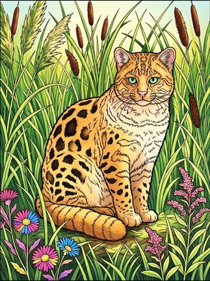Finished example of the Color by Number page: Pampas Cat