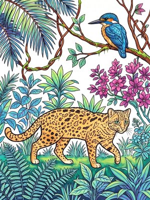 Finished example of the Color by Number page: Tsushima Leopard Cat