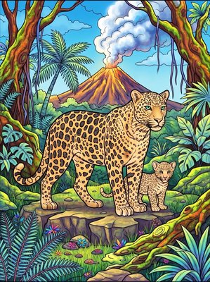 Finished example of the Color by Number page: Javan Leopard