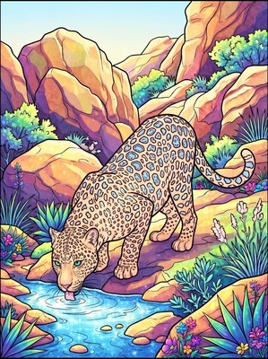 Finished example of the Color by Number page: Cape Leopard