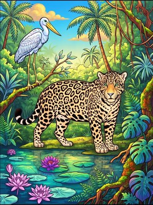 Finished example of the Color by Number page: Pantanal Jaguar
