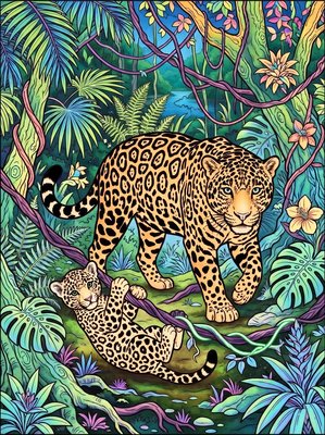 Finished example of the Color by Number page: Rainforest Jaguar