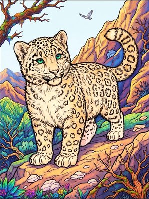 Finished example of the Color by Number page: Snow Leopard Cub
