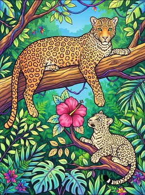 Finished example of the Color by Number page: Tree Leopard