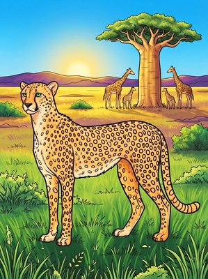 Finished example of the Color by Number page: Plains Cheetah