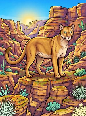 Finished example of the Color by Number page: Canyon Cougar