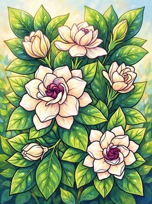 Finished example of the Color by Number page: Gardenia Bloom