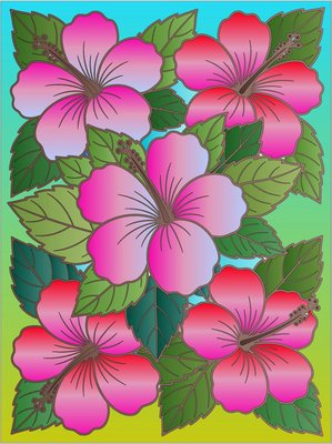 Finished example of the Color by Number page: Hibiscus Pond