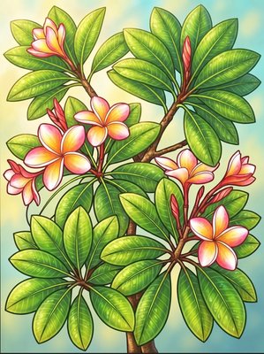 Finished example of the Color by Number page: Frangipani Vine