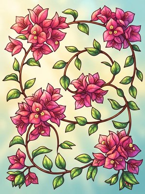 Finished example of the Color by Number page: Bougainvillea