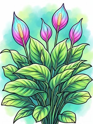 Finished example of the Color by Number page: Peace Lily