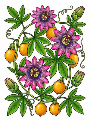 Finished example of the Color by Number page: Passionflower Vine