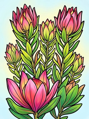 Finished example of the Color by Number page: Leucadendron