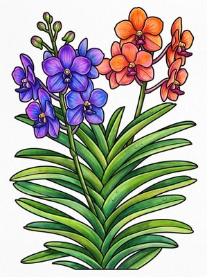 Finished example of the Color by Number page: Vanda Orchid