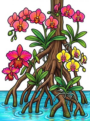 Finished example of the Color by Number page: Mangrove Orchids
