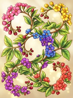 Finished example of the Color by Number page: Heliotrope Spirals