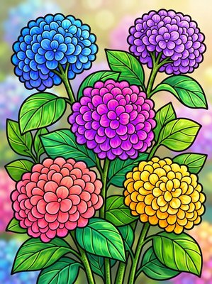 Finished example of the Color by Number page: Snowball Flowers