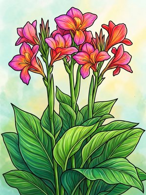 Finished example of the Color by Number page: Canna Lily
