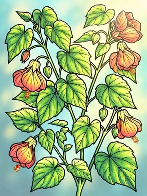 Finished example of the Color by Number page: Abutilon Bells