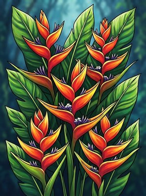Finished example of the Color by Number page: Heliconia Falls