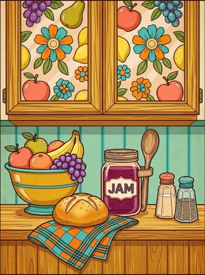 Finished example of the Color by Number page: Pantry