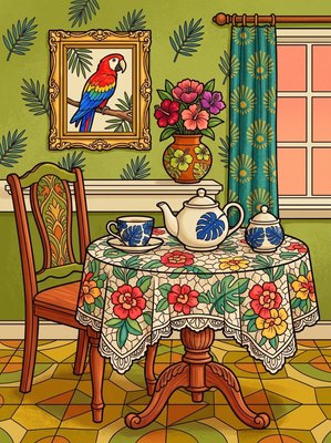 Finished example of the Color by Number page: Tea