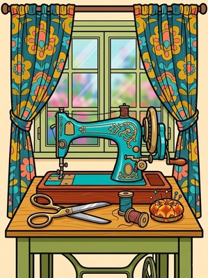 Finished example of the Color by Number page: Sewing