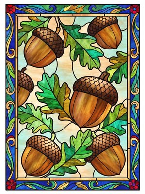 Finished example of the Color by Number page: Acorns and Leaves