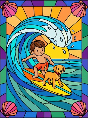Finished example of the Color by Number page: Surf Paws