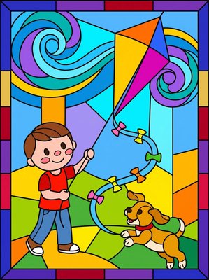Finished example of the Color by Number page: Kite Chase
