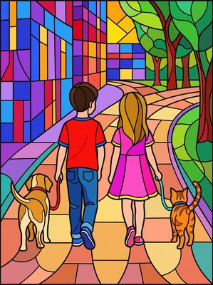 Finished example of the Color by Number page: Walking Pals