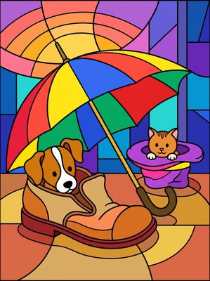 Finished example of the Color by Number page: Rainy Friends