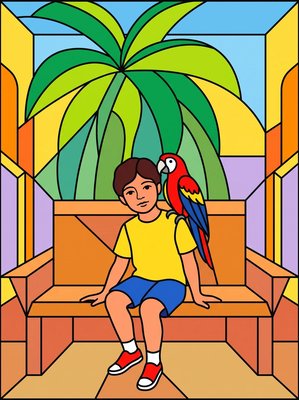 Finished example of the Color by Number page: Bench Parrot