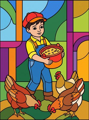 Finished example of the Color by Number page: Chicken Feed