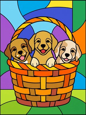 Finished example of the Color by Number page: Basket Puppies